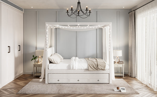 English Elm Full Full Size Upholstery Canopy Platform Bed with Trundle, 3 Drawers, Beige Linen Frame, Modern Design DL001917AAA