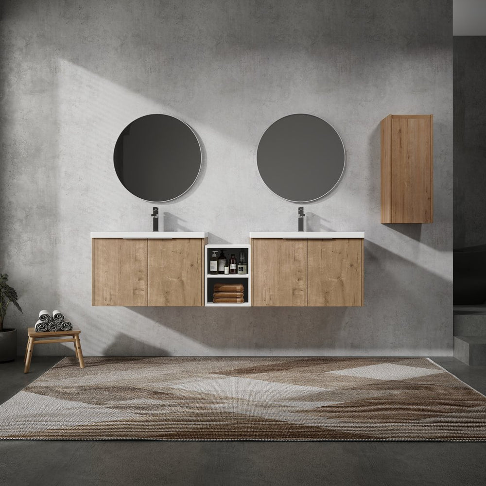 English Elm 72" Wall-Mounted Bathroom Vanity Set With Dual Sinks, Soft-Close Doors & Side Cabinet For Storage W999S00227