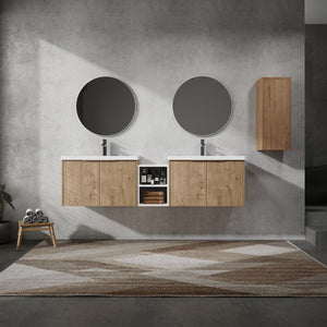 English Elm 72" Wall-Mounted Bathroom Vanity Set With Dual Sinks, Soft-Close Doors & Side Cabinet For Storage W999S00227