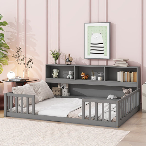 English Elm Full Floor bed with side bookcase and guardrails — space-saving storage shelves, sturdy pine construction, modern style (Full) Grey W504142774