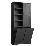 English Elm Bathroom Storage Cabinet With Doors and Drawers, Tilt-Out Laundry Hamper, Multiple Storage Space, Freestanding Style, Open Shelve, Adjustable Shelf, Black