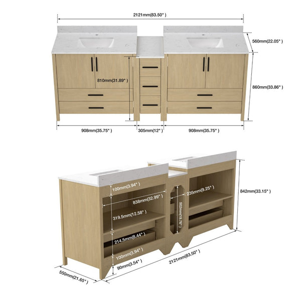 English Elm 108"w×22"d×34"h Freestanding Double Sink Vanity with White Countertop Soft Close T3785S00007