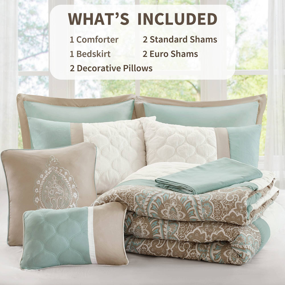 JLA Home 510 Design - 8 Piece Comforter Set with Seafoam & Brown Damask, Diamond Quilting, Hypoallergenic Microfiber Elegance 90 L x 90 W x 1.5H 5DS10-0050