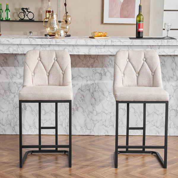 English Elm Set Of 2 Modern Upholstered Counter-Height Bar Stools With Button-Tufted Backrest - Beige Elegance W1901P225271-GIGA
