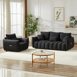 English Elm 3 Plus 1 Seater Teddy Fleece Sofa Set Wooden Frame Foam Spring Living Room Pair Black W1193S00188