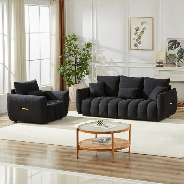 English Elm 3 Plus 1 Seater Teddy Fleece Sofa Set Wooden Frame Foam Spring Living Room Pair Black W1193S00188