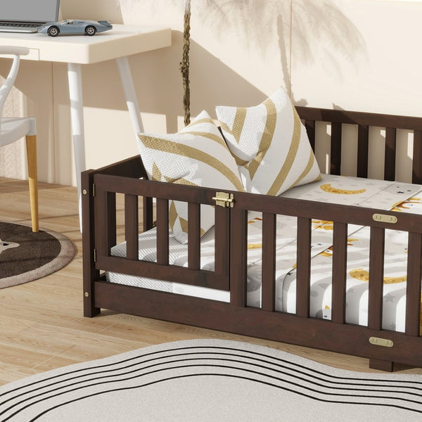 English Elm Full Size Rubberwood Floor Bed with Safety Guardrails and Latching Door for Toddlers Espresso W504P429302