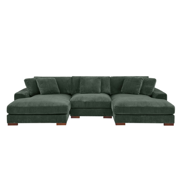 English Elm Large Corduroy Double Chaise Sectional Sofa with Lumbar Support for Spacious Living Rooms Dark Green B2748S00017