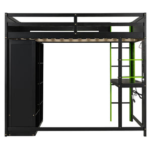 English Elm Full Size Gaming Loft Bed with Rgb Lighting Integrated Desk and Open Wardrobe Green N820S00073F
