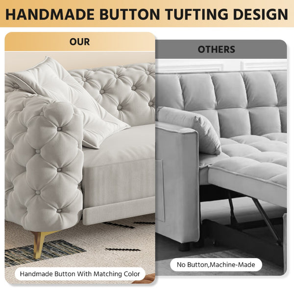 English Elm 97.6" Oversized Velvet Chesterfield Sleeper Sofa Floral Tufted Roll Arm Living Room Couch Light Grey W1885S00300