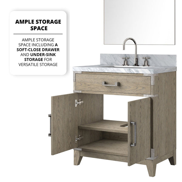 English Elm Grey Oak 30" Single Bath Vanity Set With Carrara Marble Top, 28" Mirror & Chrome Faucet Included B2731S02005