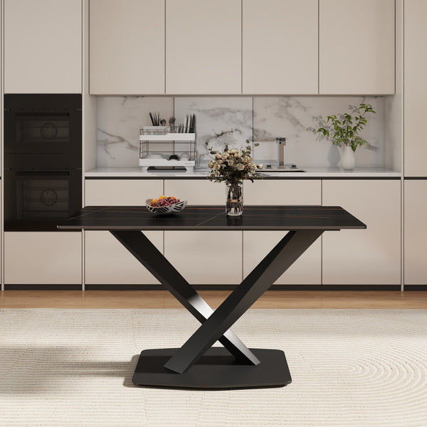English Elm 55.12" Modern Artificial Stone Dining Table With Black Metal X-Leg Base - Seats 6, Easy Maintenance W1535S00538