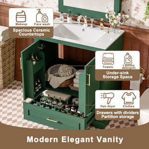 English Elm 30" Modern Bathroom Vanity with Ceramic Sink, Soft-Close Doors, Divided Drawer & Dual Door Shelves Green N729P321376F