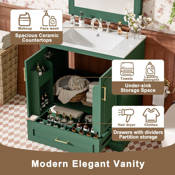 English Elm 30" Modern Bathroom Vanity with Ceramic Sink, Soft-Close Doors, Divided Drawer & Dual Door Shelves Green N729P321376F