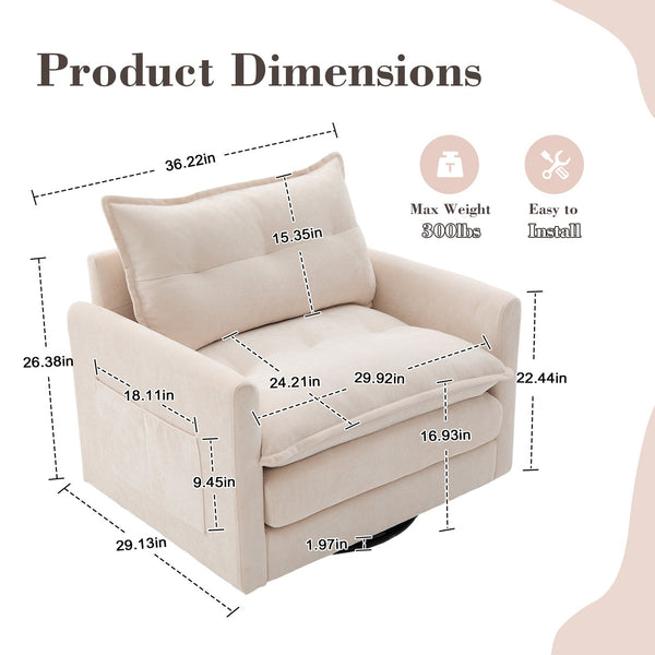 English Elm UNITED Swivel Barrel Chair with Chenille Upholstery, 360° Smooth Rotation, Padded Arm Comfort and Side Pockets for Living Room Relaxation Beige W1568P290083