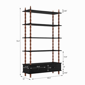 English Elm Bookcase Five Tier Matte Black Solid Wood Veneer Shelving Unit with Base Drawers W2263P434053