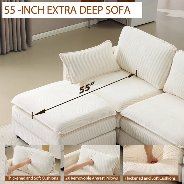 English Elm 104" Plush Cloud Modular 3-Seater Sofa with Ottoman, Beige Corduroy, High-Resilience Foam Comfort W1829S00063