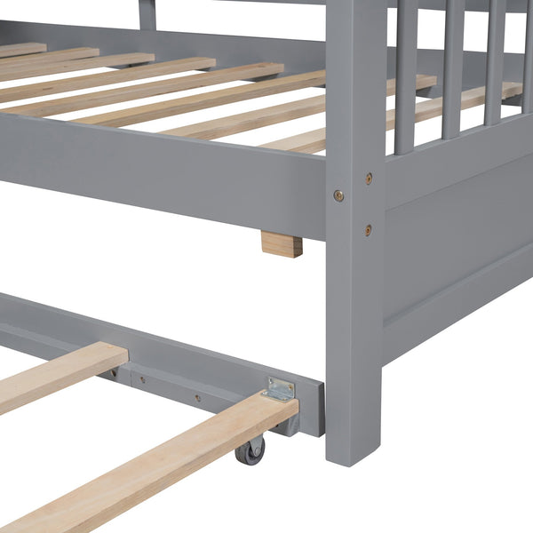 English Elm Wooden Twin House Bed with Trundle and 3 Back Shelves, Pine Frame Playful Loft Design for Kids Gray 41.7 L x 16.25 W x 6 H N733S316110E