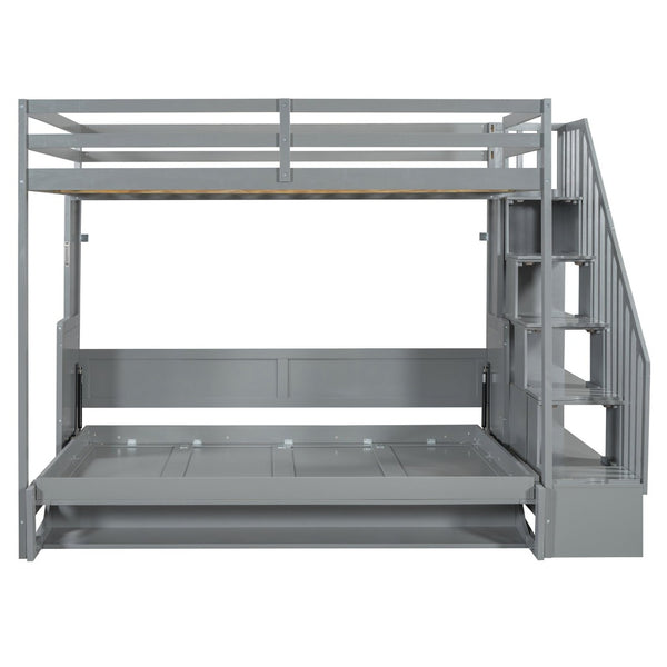 English Elm Full Over Murphy Bunk Bed with Hydraulic Lift Desk and Staircase Storage Gray LP200698AAE
