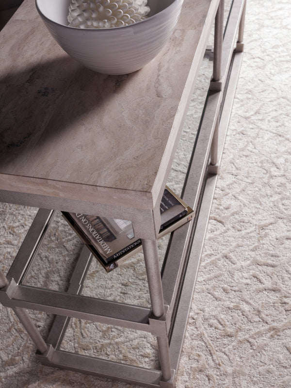 Lexington Artistica Home Topa Console Table - Unique Antiqued Silver Leaf Design With Sand Travertine And Glass Shelf Silver Leaf Wood 2135-967