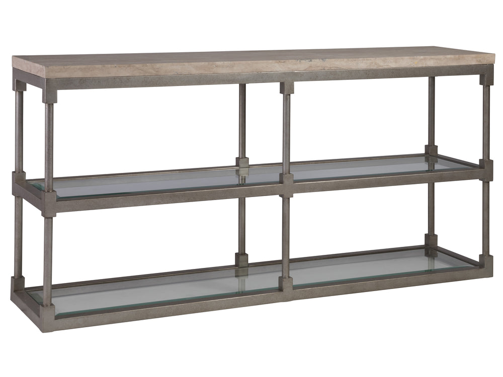 Lexington Artistica Home Topa Console Table - Unique Antiqued Silver Leaf Design With Sand Travertine And Glass Shelf Silver Leaf Wood 2135-967