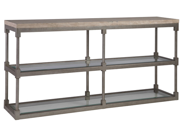 Lexington Artistica Home Topa Console Table - Unique Antiqued Silver Leaf Design With Sand Travertine And Glass Shelf Silver Leaf Wood 2135-967