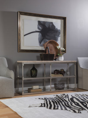 Lexington Artistica Home Topa Console Table - Unique Antiqued Silver Leaf Design With Sand Travertine And Glass Shelf Silver Leaf Wood 2135-967