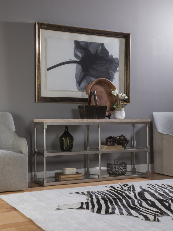 Lexington Artistica Home Topa Console Table - Unique Antiqued Silver Leaf Design With Sand Travertine And Glass Shelf Silver Leaf Wood 2135-967
