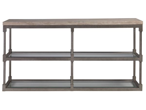 Lexington Artistica Home Topa Console Table - Unique Antiqued Silver Leaf Design With Sand Travertine And Glass Shelf Silver Leaf Wood 2135-967
