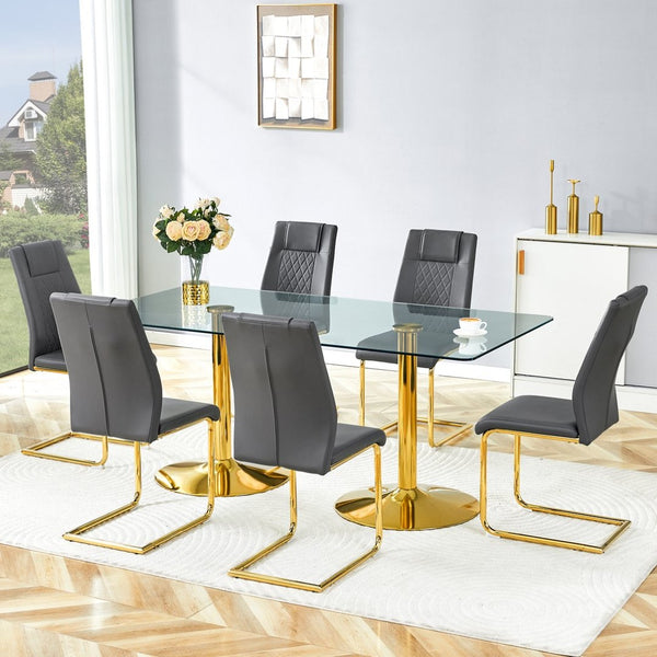 English Elm Scalable Extendable Dining Set with Wood Grain Table and Gray Linen Chairs 8 Piece Dark Gray,Gold,Transparent W1151S04562