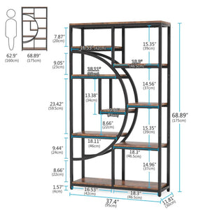 English Elm Geometric Nine Shelf Iron Frame Bookcase Rustic Industrial Freestanding Display Tower T3971P447661