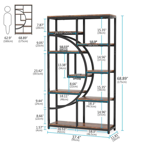 English Elm Geometric Nine Shelf Iron Frame Bookcase Rustic Industrial Freestanding Display Tower T3971P447661