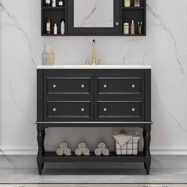 English Elm 36" Bathroom Vanity with Sink Combo, 36" Ceramic Undermount Basin, Solid Wood Frame, 4 Drawers, Waterproof Painted Finish Black N710P250654B