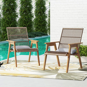 English Elm Christopher Knight Home® - Set of 2 Acacia Wood Lounge Chairs with Cushions — Teak Finish, Natural Wicker, Light Gray Fabric, 400lb Capacity, Patio Seating 26.5"W x 35.25"H 73165.00