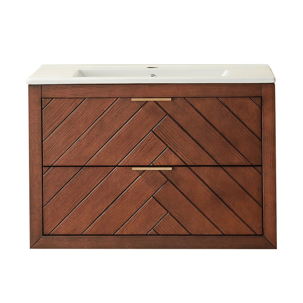 English Elm 30" Tiered Wall Mounted Floating Single Vanity with Ceramic Sink, Plywood Durable Design & Storage Space W1826P343433