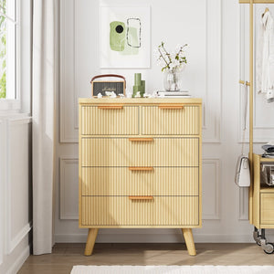 English Elm 5 Drawer Fluted Chest Natural Wood Finish Bohemian Storage for Nursery or Bedroom T3773P415633
