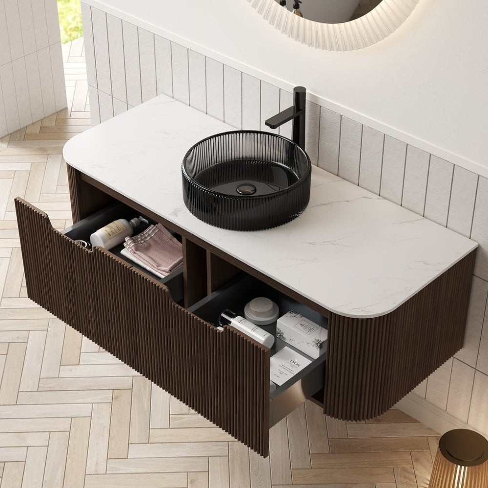 English Elm Dina Floating Bathroom Vanity with Crystal Glass Basin and Sintered Stone Top Black,Carrara White,Walnut W2615S00243
