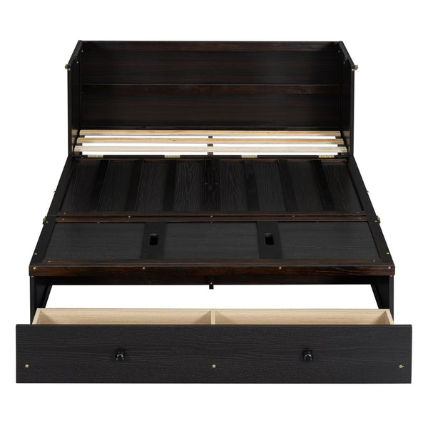 English Elm Full Size Wall Murphy Bed Cabinet with Storage Drawer and Built-in Usb Charging Espresso N708P205903P