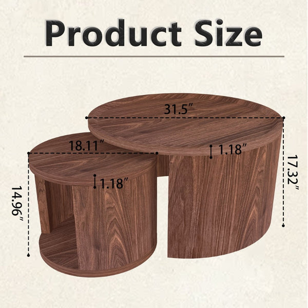 English Elm Round Nesting Coffee Tables Natural Wood Grain Scandinavian Set for Living Room W1727S00092