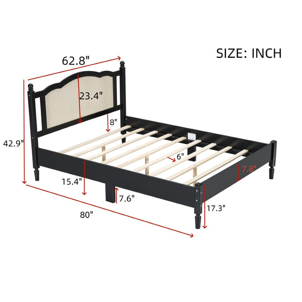 English Elm Queen Arched Rattan Headboard Platform Bed Matte Pine Frame No Box Spring Needed Black N733P180013B