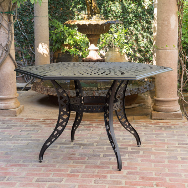 English Elm Christopher Knight Home® - CAYMAN Arch II Mesh Hex Table in Black Aluminum, Antique Finish, Seats 6 with Umbrella Hole for Patio 61145.00