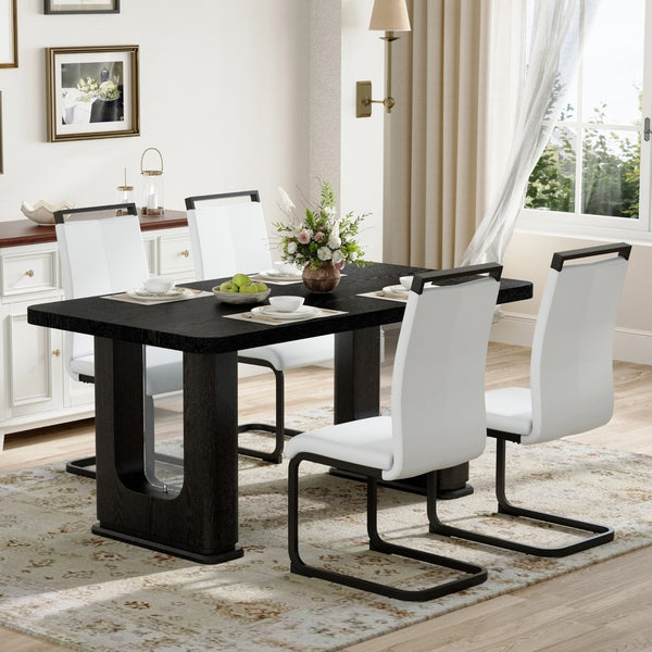 English Elm Table And Chair Set - Contemporary Black Wood Dining Table With 4 Stylish White Pu Chairs, Durable Design W1151S04302-GIGA