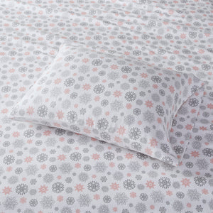 JLA Home True North by Sleep Philosophy - Printed Ultra-Soft Cotton Flannel Sheet Set — Brushed, OEKO-TEX Certified, Warm Breathable Comfort Pink/Grey Snowflakes TN20-0068