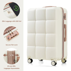 English Elm Luggage Set 4 Piece Abs Hard Shell Spinner Suitcases with Usb Port and Cup Holder Beige+Gold N726P185038R