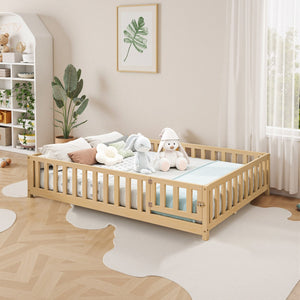 English Elm Full Full Size Floor Platform Bed with Safety Fence and Door, Montessori Toddler Frame with Slats, Sturdy Pine Construction for Secure Sleep and Playtime Natural 77.76 L x 17.52 W x 6.3 H W1716132149