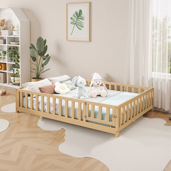 English Elm Full Full Size Floor Platform Bed with Safety Fence and Door, Montessori Toddler Frame with Slats, Sturdy Pine Construction for Secure Sleep and Playtime Natural 77.76 L x 17.52 W x 6.3 H W1716132149