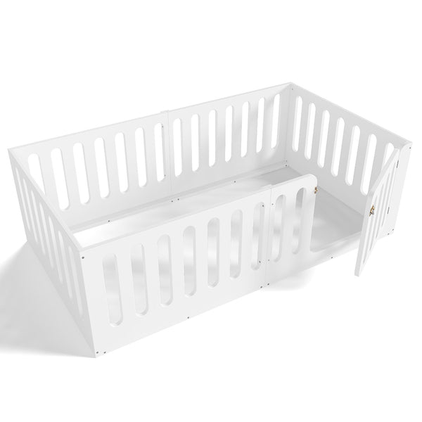 English Elm Twin Solid Pine Montessori Floor Bed with House Frame Door and Safety Fence Light White W5305P420632