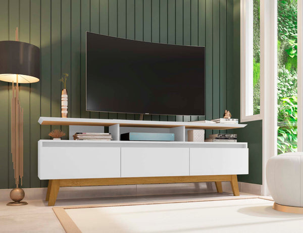 English Elm Yonkers 71" Modern White Tv Stand With Ample Storage, Floating Shelf & Solid Wood Legs For Style B365P398400-GIGA