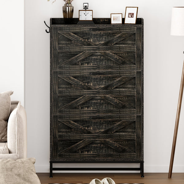 English Elm Shoe Organizer Cabinet with Anti-Tip Safety, Slim Entryway Storage Rack with Open Top Shelf for Keys and Decor Gray+Charcoal W2896P215175