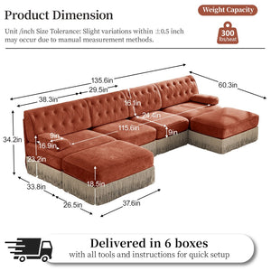 English Elm 4-seater Modular Sectional with Ottomans Tufted Fleece Sofa Tassel Skirt Retro Luxe Red+Brown W714S01727